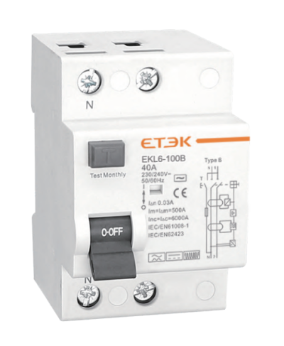 อุปกรณ์ป้องกันไฟดูด ไฟรั่ว RCCB Type B 30mA ยี่ห้อ ETEK รุ่น 2P 40A สำหรับเครื่องชาร์จ EV และระบบโซล่าเซลล์