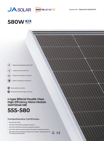 แผงโซล่าเซลล์ (Solar Panel) โมโน Half Cell ยี่ห้อ JA Solar 580W ชนิด N-Type (JAM72D40-580/MB)