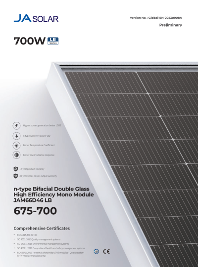 แผงโซล่าเซลล์ (Solar Panel) โมโน Half Cell ยี่ห้อ JA Solar 700W ชนิด N-Type (JAM66D46-700/LB)