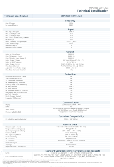 โซล่าอินเวอร์เตอร์ Huawei SUN2000-50KTL-M3 รับประกัน 5 ปี ผ่าน MEA และ PEA