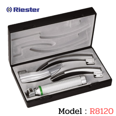 เครื่องมือส่องหลอดลม Laryngoscope รุ่น R8120 Macintosh (Fiber Optic) blade โค้ง 2,3,4 XL 3.5V C Handle (แบบหุ้มท่อนำแสง) + แท่นชาร์จ Riester, Germany
