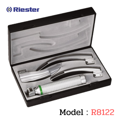 เครื่องมือส่องหลอดลม Laryngoscope รุ่น R8122 Macintosh (Fiber Optic) blade โค้ง 2,3,4 LED 3.5V C Handle (แบบหุ้มท่อนำแสง) + แท่นชาร์จ Riester, Germany