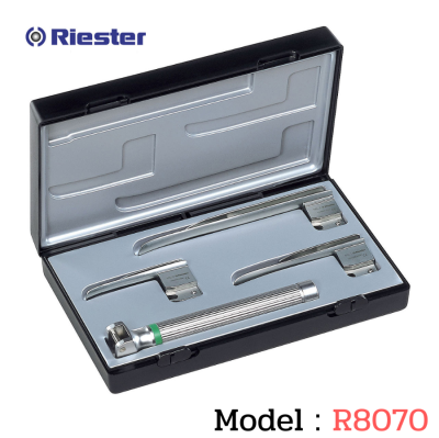 เครื่องมือส่องหลอดลม Laryngoscope รุ่น R8070 Macintosh (Fiber Optic) blade โค้ง 0,1,2 XL 2.5V AA Handle (แบบหุ้มท่อนำแสง) Riester, Germany
