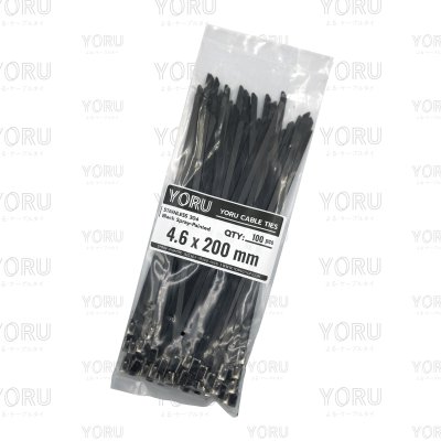 เคเบิ้ลไทร์ สแตนเลส 304 พ่นสีดำ ความยาว 8 นิ้ว x กว้าง 4.6 มิลลิเมตร (แพ็คใหญ่ 100 เส้น/แพ็ค)