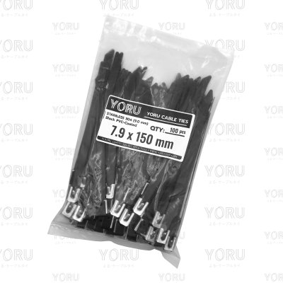 เคเบิ้ลไทร์ สแตนเลส 304 สีดำ เคลือบ PVC ยาว 6 นิ้ว x กว้าง 7.9 มิลลิเมตร (แพ็คใหญ่ 100 เส้น/แพ็ค)