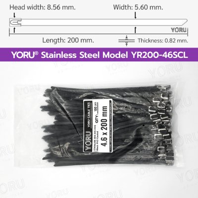 เคเบิ้ลไทร์ สแตนเลส 304 สีดำ เคลือบ PVC ยาว 8 นิ้ว x กว้าง 4.6 มิลลิเมตร (แพ็คใหญ่ 100 เส้น/แพ็ค)