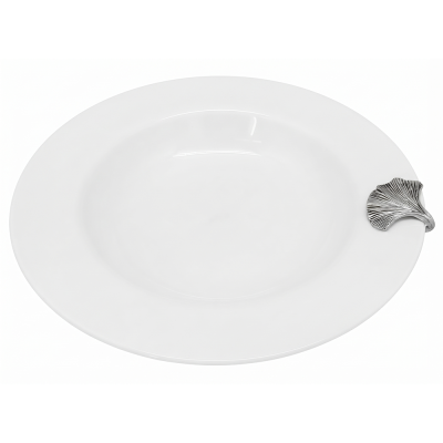 Porcelain Soup Plate w/Pewter_Ginkgo Leaf
