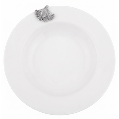 Porcelain Soup Plate w/Pewter_Ginkgo Leaf