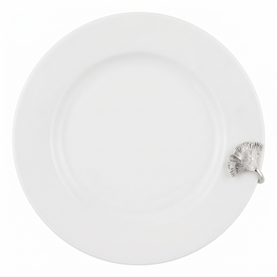 Porcelain Oriental Rim Plate w/Pewter_Ginkgo Leaf
