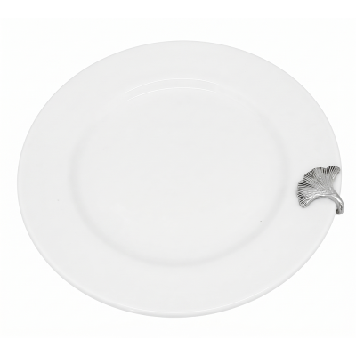 Porcelain Oriental Rim Plate w/Pewter_Ginkgo Leaf