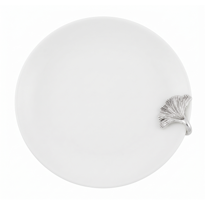 Porcelain Oriental Coupe Plate w/Pewter_Ginkgo Leaf