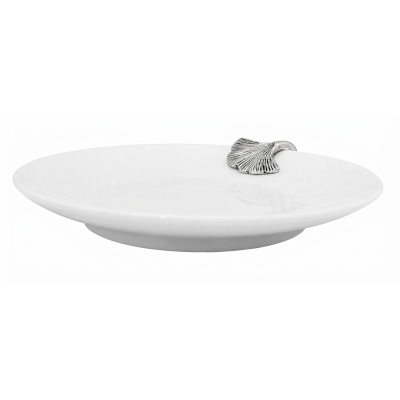 Porcelain Oriental Coupe Plate w/Pewter_Ginkgo Leaf
