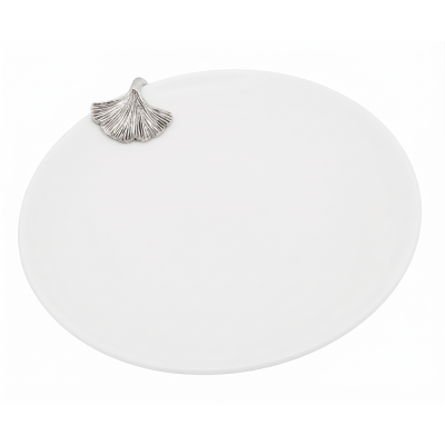 Porcelain Oriental Coupe Plate w/Pewter_Ginkgo Leaf