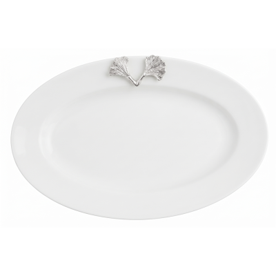 Porcelain Oval Plate w/Pewter_Ginkgo Leaf