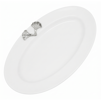 Porcelain Oval Plate w/Pewter_Ginkgo Leaf
