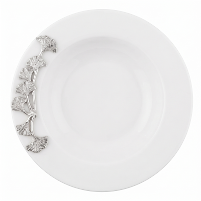 Porcelain Soup Plate w/Pewter_Ginkgo Leaf
