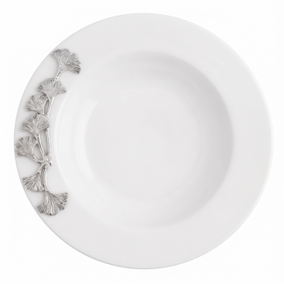 Porcelain Soup Plate w/Pewter_Ginkgo Leaf