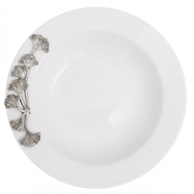 Porcelain Vegetable Bowl w/Pewter_Ginkgo Leaf