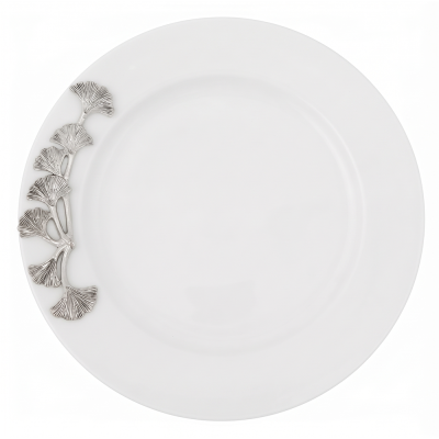 Porcelain Winde Rim Plate w/Pewter_Ginkgo Leaf