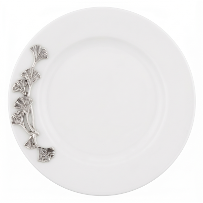 Porcelain Oriental Rim Plate w/Pewter_Ginkgo Leaf