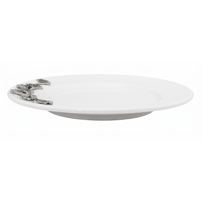 Porcelain Oriental Rim Plate w/Pewter_Ginkgo Leaf