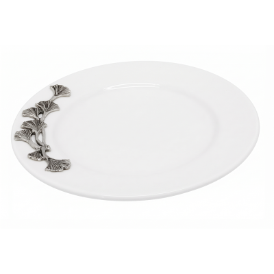 Porcelain Oriental Rim Plate w/Pewter_Ginkgo Leaf