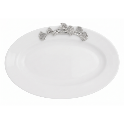 Porcelain Oval Plate w/Pewter_Ginkgo Leaf