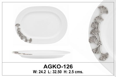 Porcelain Oval Platter w/Pewter_Ginkgo Leaf