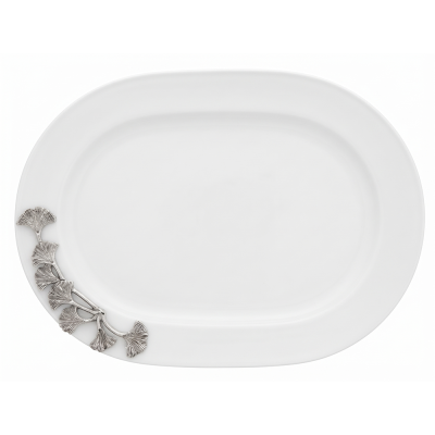Porcelain Oval Platter w/Pewter_Ginkgo Leaf