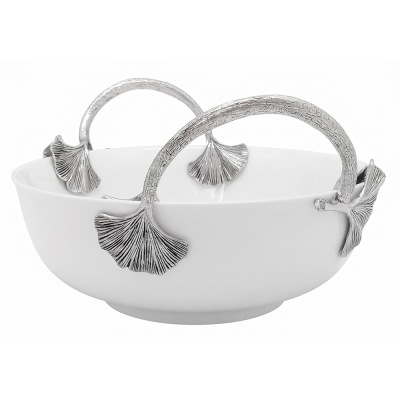 Porcelain Oriental-Bowl w/Pewter_Ginkgo Leaf