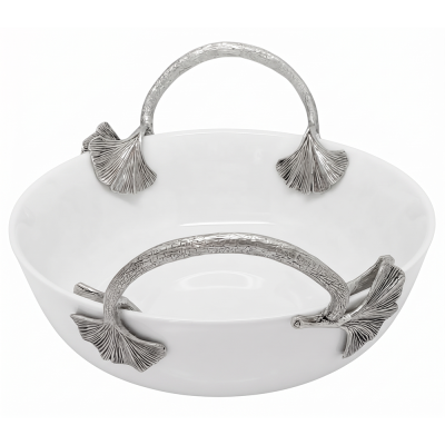 Porcelain Oriental-Bowl w/Pewter_Ginkgo Leaf