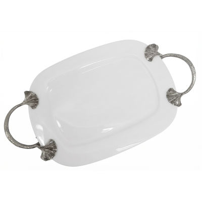 Porcelain Oblong Platter w/Pewter_Ginkgo Leaf