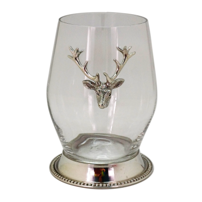 SANTE STEMLESS WINE GLS Pewter Base Bead Rim w/ Deer Medal