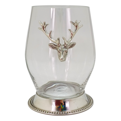 SANTE STEMLESS WINE GLS Pewter Base Bead Rim w/ Deer Medal