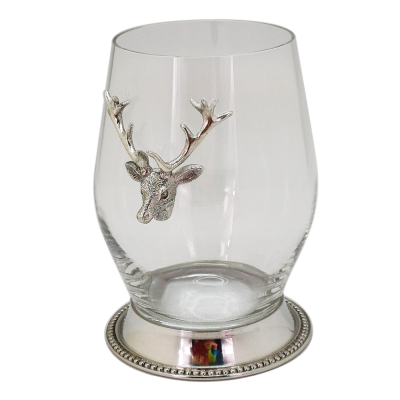 SANTE STEMLESS WINE GLS Pewter Base Bead Rim w/ Deer Medal