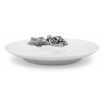 Porcelain Oriental Coupe Plate 12.5 cms. w/Pewter Grape Bunch