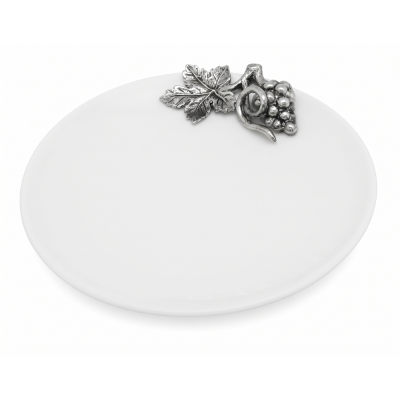 Porcelain Oriental Coupe Plate 12.5 cms. w/Pewter Grape Bunch