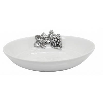 Porcelain Oval Deep Bowl w/Pewter Grape Bunch