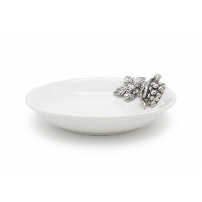 Porcelain Oriental Deep Dish 12 cms. w/Pewter Grape Bunch