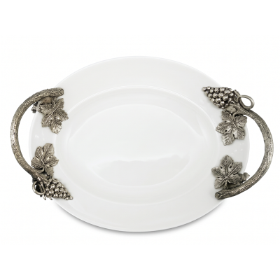 Porcelain Oval Serving Bowl w/ Pewter Handle_Grape