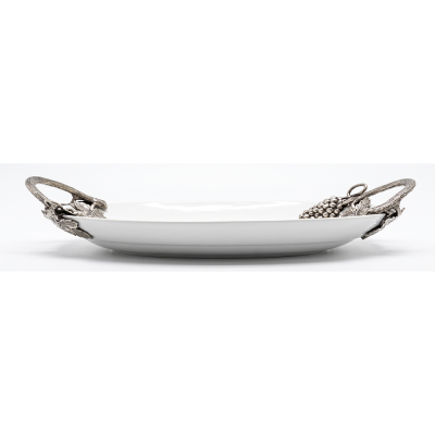 Porcelain Oval Serving Bowl w/ Pewter Handle_Grape