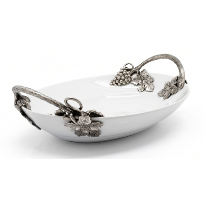 Porcelain Oval Serving Bowl w/ Pewter Handle_Grape