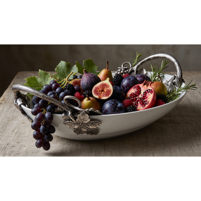Porcelain Oval Serving Bowl w/ Pewter Handle_Grape