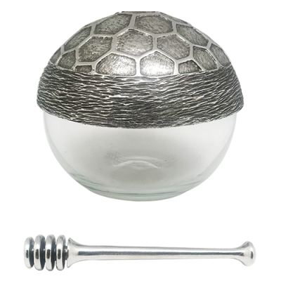 Honey Glass w/ Pewter Comb Lid w/ Dipper