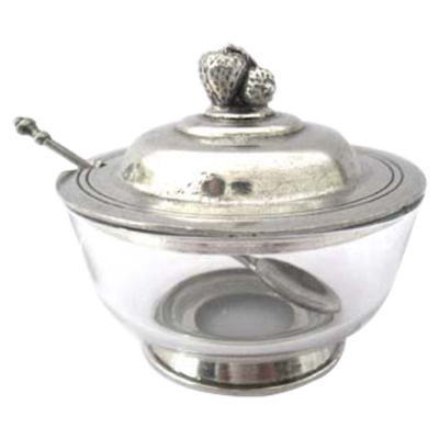 Glass Bowl Pewter Strawberry Lid w/Spoon