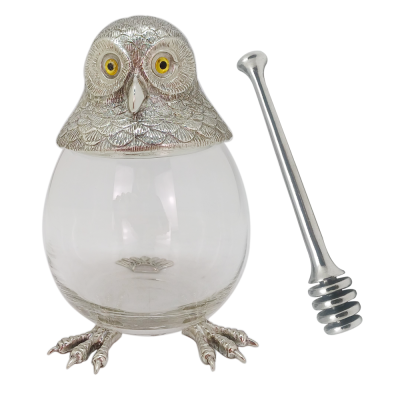 Honey Glass w/ Pewter Owl Lid  w/Dipper