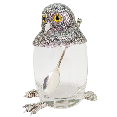 Glass Jam Jar Owl Lid w/Spoon