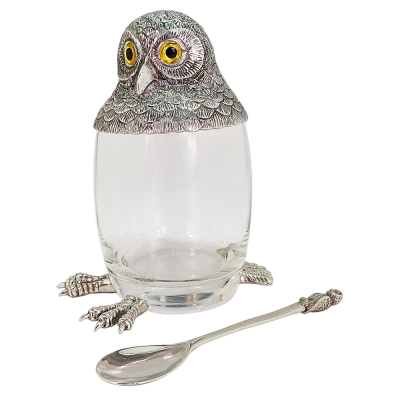 Glass Jam Jar Owl Lid w/Spoon