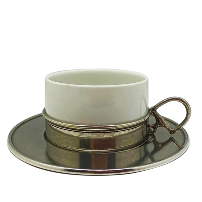 Porcelain Tea Coffee Cup 250 cc. & Saucer 16 cm / Pewter D-Ring House