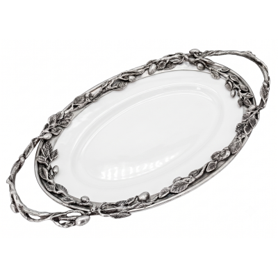 Porcelain Oval Tray w/ PewterOlive Brach Handle
